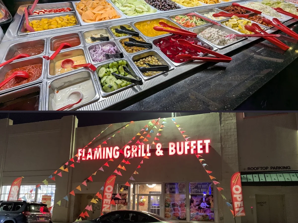 Hibachi grill station beside trays of prepared food.
