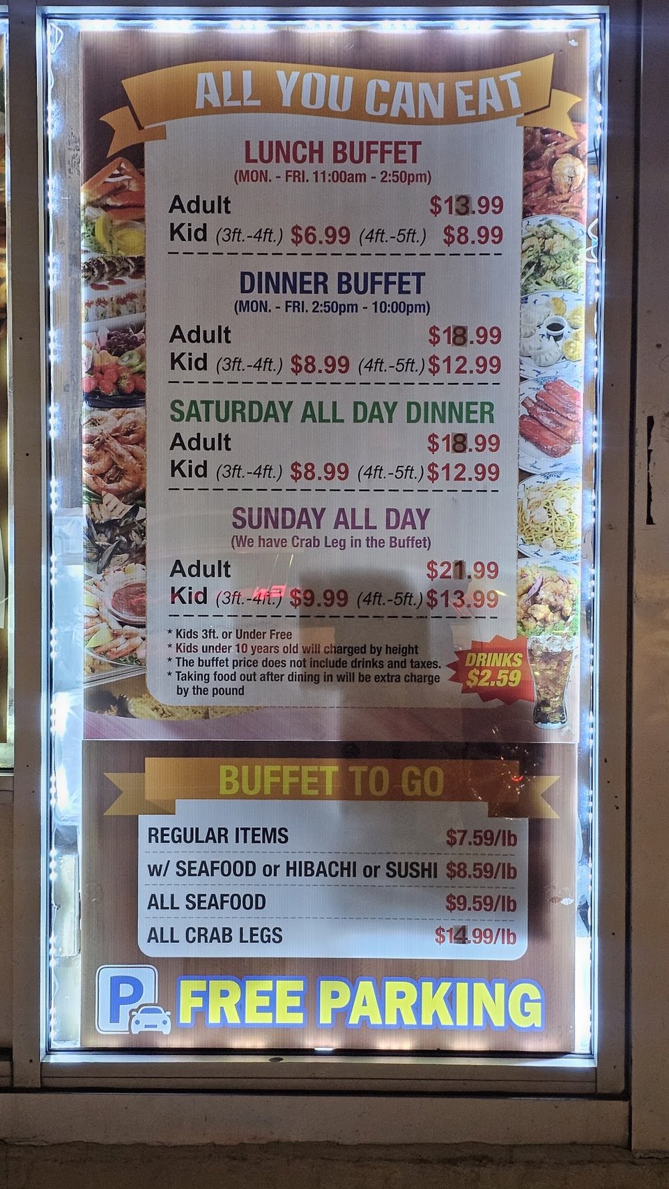 Printed menu showing adult and child buffet pricing.