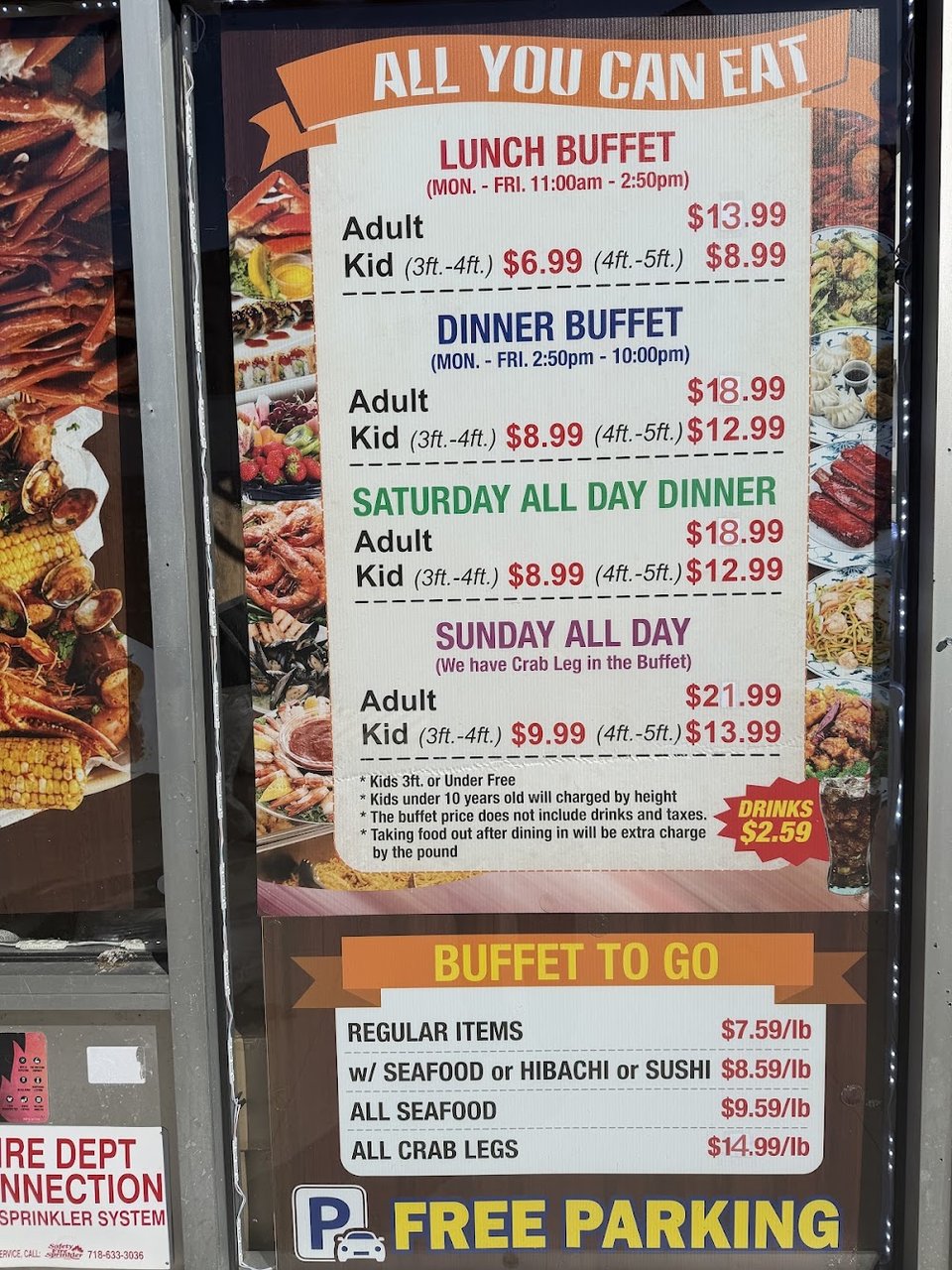 Dinner menu layout with buffet categories and times.